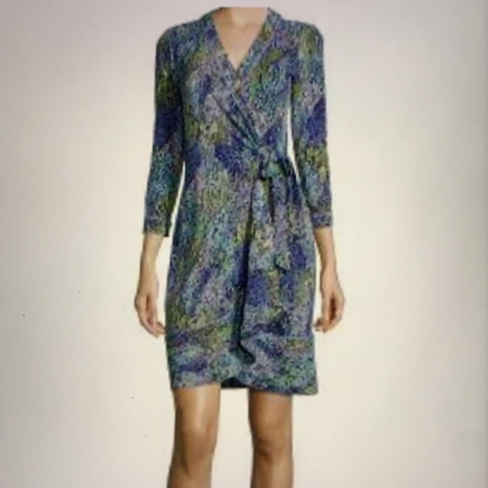 BCBGMaxAzria Blue and Green Printed Wrap Dress